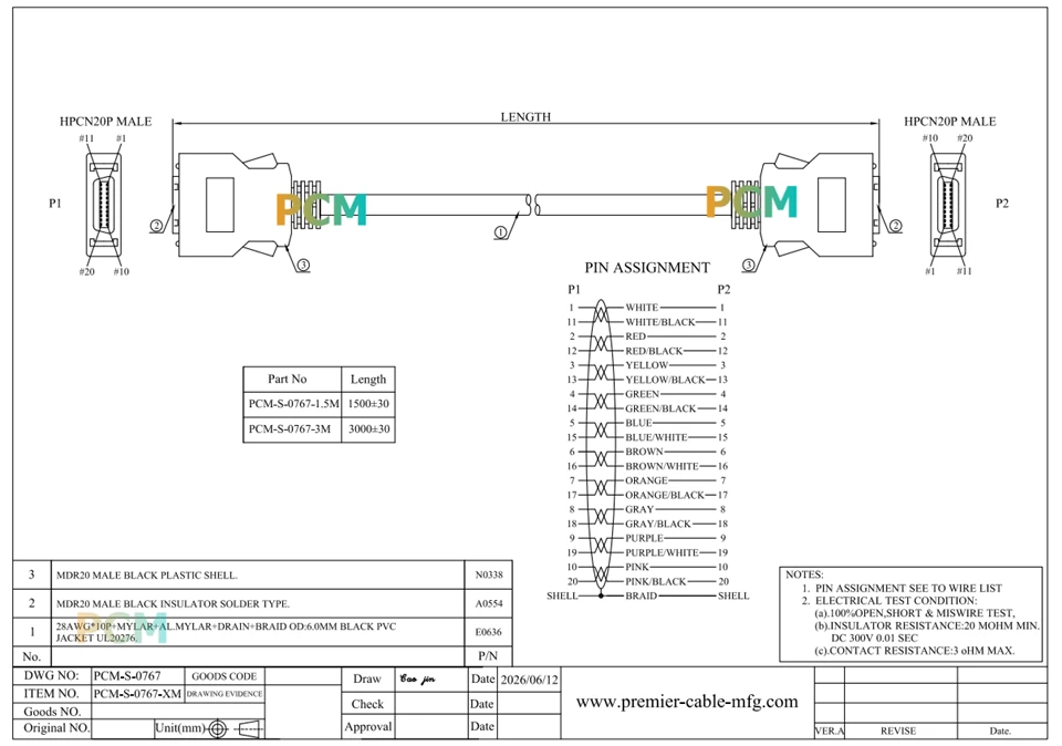 MDR HPCN20 To HPCN20 Cable With Latch Lock