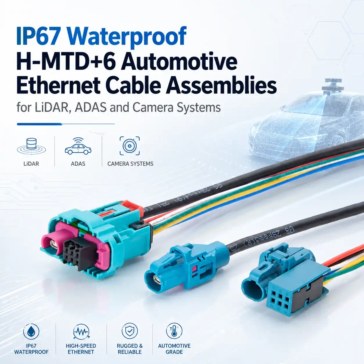 IP67 Waterproof H-MTD+6 Automotive Ethernet Cable Assemblies For LiDAR, ADAS And Camera Systems