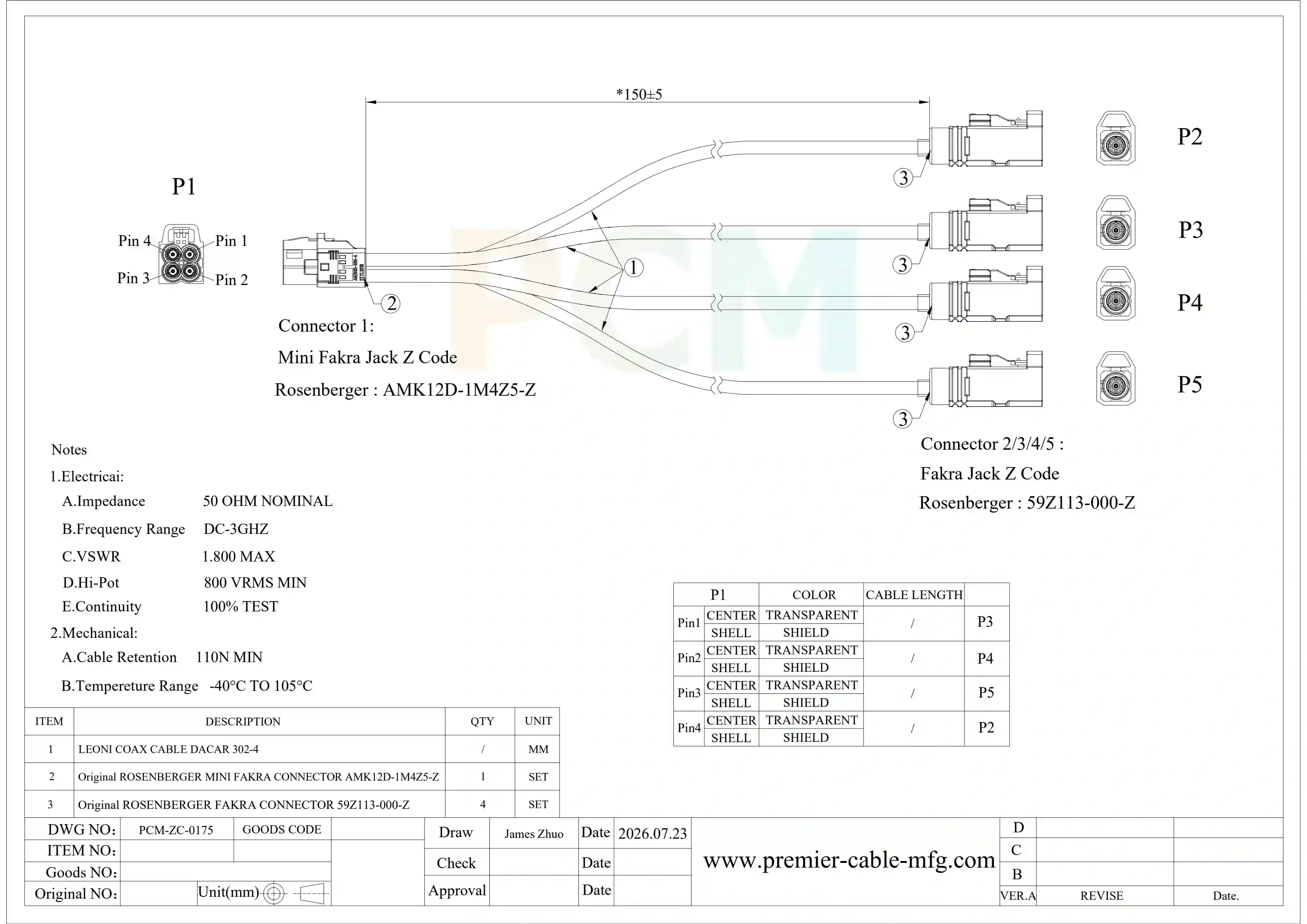 PCM-ZC-0175 AMK12D-1M4Z5-Z to 59Z113-000-Z Cable Drawing PCM-ZC-0175 AMK12D-1M4Z5-Z to 59Z113-000-Z Cable Drawing