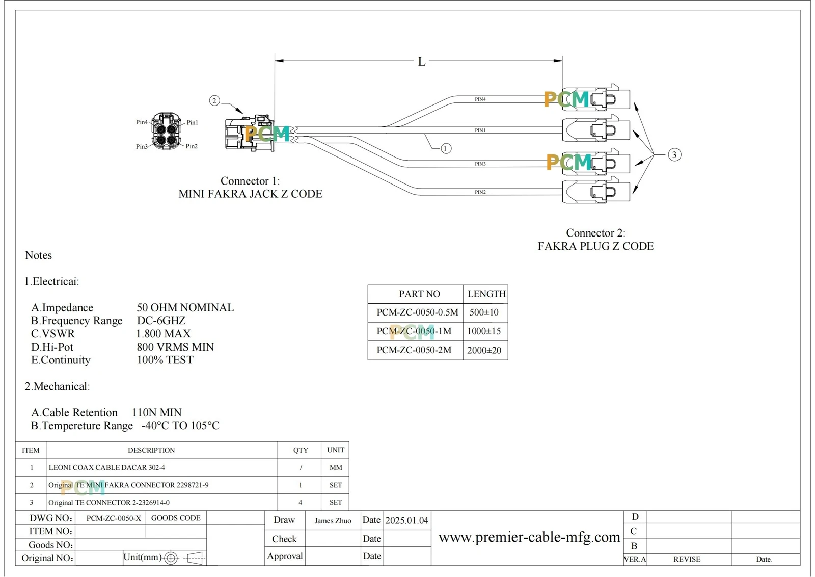 ZCL016-050-X 05M 1M 2M Model 100 ZCL016-050-X 05M 1M 2M Model 100