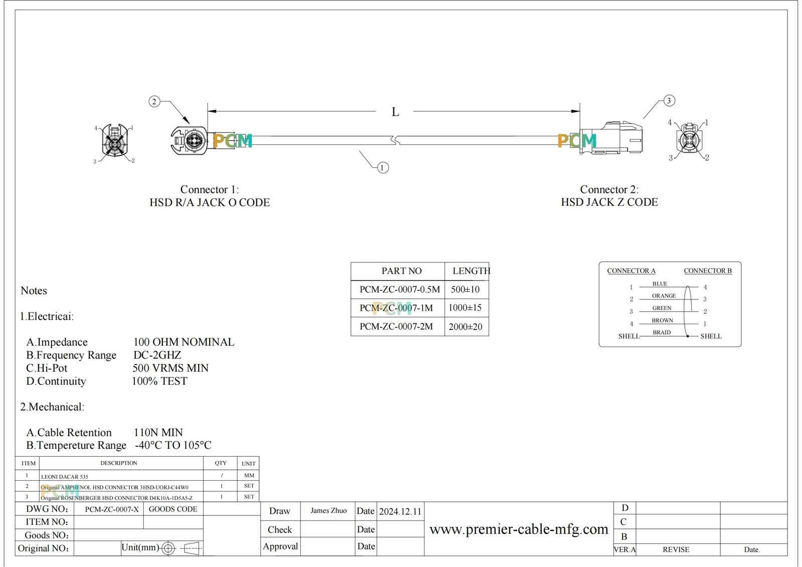 ZCL016-007-X HSD4PIN 05M 1M 2M Model 1200 ZCL016-007-X HSD4PIN 05M 1M 2M Model 1200