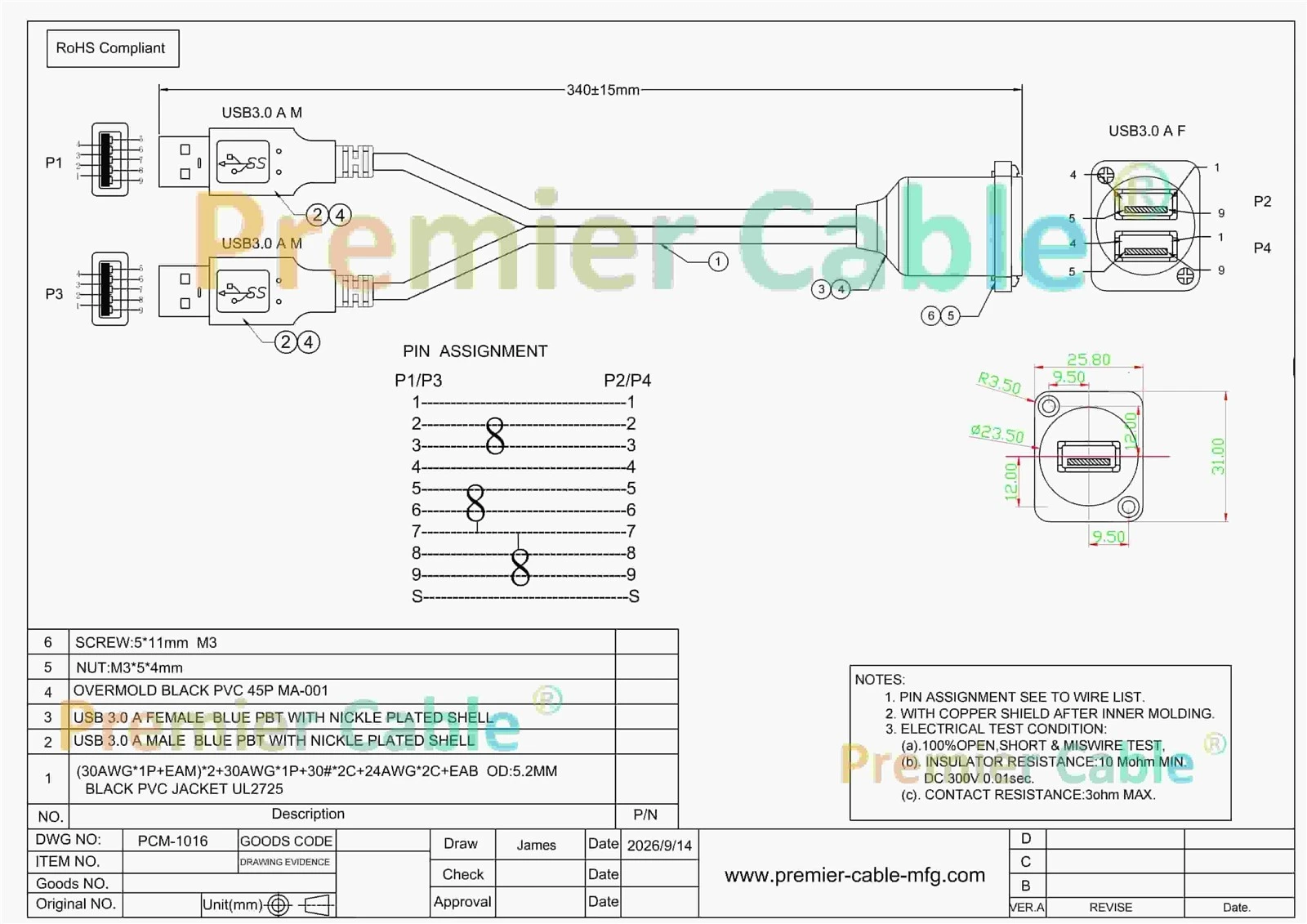 PCM-1016 Engineering Drawing PCM-1016 Dual USB 3.0 Panel Mount Cable Drawing