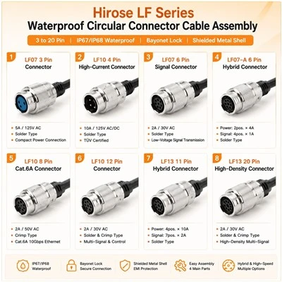 Hirose LF Series 3, 4 ,6 , 8, 11, 12, 20 Pin Waterproof Circular Connector Cable Assembly